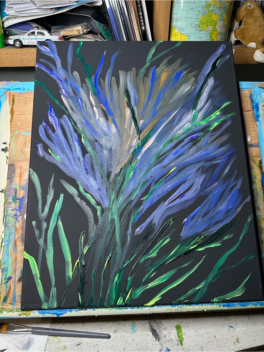 Abstract Floral Canvas Painting in Blue & Green on Black